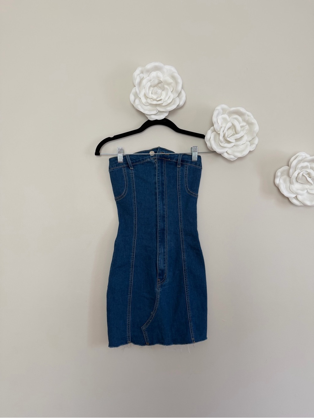Edikted Dark Blue Strapless Denim Mini Dress